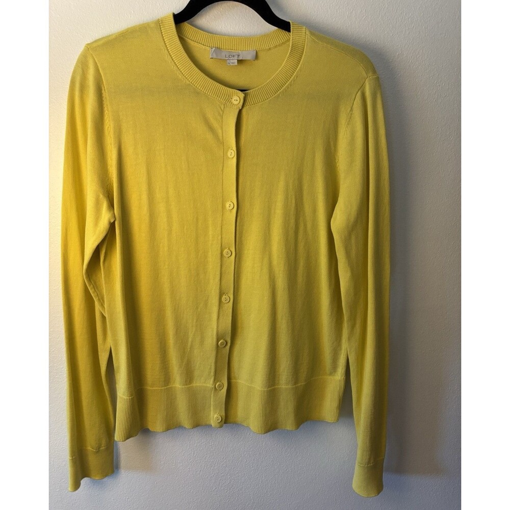 LOFT Women’s M Yellow Solid Crew Neck Button-Front Cotton Knit Cardigan